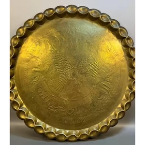 Vintage Brass Large Serving Plate with Etched Eagle and Arabian Character, Decorative Dish Tray with Wave Rim, Collectable Home Decor