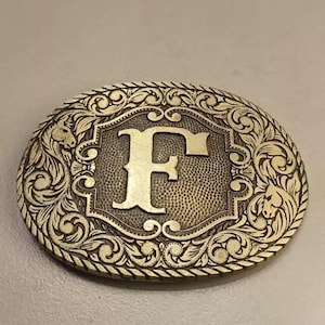 Vintage Brass Carved Initial &quot;F&quot; Oval Belt Buckle - Accessories Collectible - Late 20th Century Hippie Style