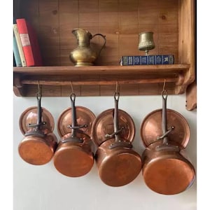 French Vintage Copper Sauce Saute Pans Cook Pots with Lid Tin Lining, Antique Copper Pan Pot with Original Stamp, Country Farmhouse Cookware