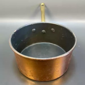 Vintage Copper Saucepan Cook Pot with Tin Lining, Copper Pan with Brass Handle, Antique Copper Cookware, Country Farmhouse Kitchenware