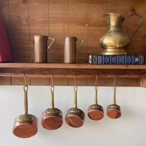 5 pcs Set of French Vintage Copper Sauce Saute Pans Cook Pots Red Copper Lining, Antique Copper Cookware, Country Farmhouse Kitchenware