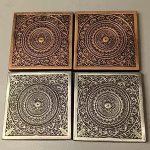Set of 4 Vintage Brass Coasters with Carving Pattern - Boutique Collectible Drinkware - Copper Tabletops