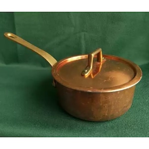 French Vintage Copper Sauce Saute Pan Cook Pot Tin Lining, Copper Pan Pot with Lid, Antique Copper Cookware, Country Farmhouse Kitchenware