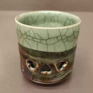 Japanese Vintage Ceramic Coffee Cup with Kiln Change Glaze, Pottery Tea Cup with Hollowed Design, Unique Stoneware