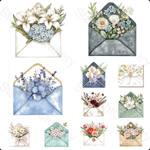 19 imágenes prediseñadas de sobres con flores de acuarela, ramo de lirios y hortensias, arte floral en sobres, acuarela botánica, imágenes prediseñadas de boda de primavera