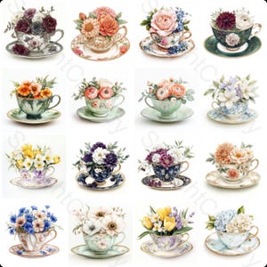 16 Clipart di tazze da tè floreali ad acquerello, fiori primaverili, arte di tazze da tè vintage, bouquet di narcisi e tulipani, stampabile in stile Cottagecore, uso commerciale