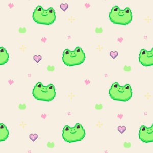 Puede incluir: Un patrón repetitivo de caras de ranas verdes pixeladas, corazones rosas y nenúfares verdes sobre un fondo crema. El diseño tiene una estética linda y juguetona, adecuada para productos infantiles o decoración caprichosa.