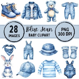 Blue Jean Baby Clipart – 28 PNG Watercolour Denim Baby Clothes & Nursery Graphics
