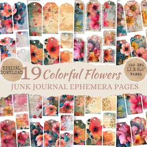 Colorful Floral Junk Journal Folio Ephemera – 19 Pages of Tags, Cards, Folios, Pockets and More for Scrapbooking Journaling & Collage Crafts