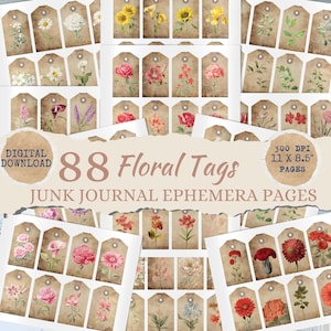 Floral Tag Ephemera Printable | 88 Vintage Flower Tags for Junk Journals, Scrapbooking, Collage & Crafts | Digital Download