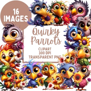 Quirky Parrots Clipart Bundle 16 Colorful Bird PNGs with Flowers, 300 DPI Transparent Images for Sublimation, Scrapbooking, and Stickers