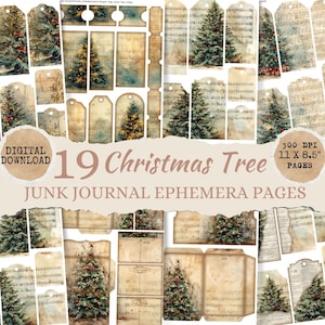 Vintage Weihnachtsbaum Ephemera Pack 19 druckbare Junk Journal Seiten, Tags, Karten & Folios, digitale Scrapbooking und Bastelbedarf 300 DPI