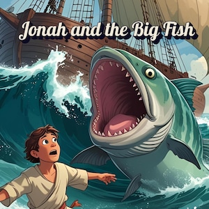 May include: A colorful illustration depicts a scene from the story of Jonah and the Big Fish. A large, open-mouthed fish leaps from the ocean, with a ship in the background. The text "Jonah and the Big Fish" is at the top.