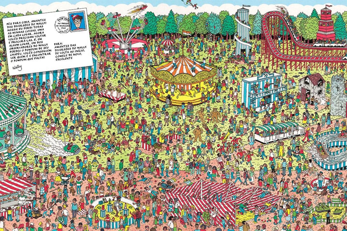 May include: A vibrant illustration of a crowded amusement park scene. The image features a carousel, roller coaster, and various carnival games. Numerous people in diverse clothing are scattered throughout the park. A letter with text is in the upper left corner. The color palette is bright and cheerful, with primary colors dominating the scene.