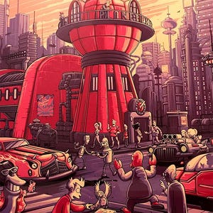 Futurama Poster | Cartoon Anime Wall Art | Bender & Fry Sci-Fi Print | Retro Futuristic Decor