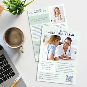 May include: Two printed flyers for Midlife Wellbeing Clinic, featuring text and images of medical professionals. The flyers are on a white desk with a laptop, coffee cup, pen, and small plant. The clinic offers personalized expert-led support.