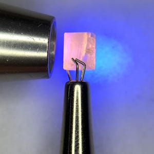 May include: A small, translucent, pale pink square crystal held by a silver-toned metal prong tool. A metallic light source is positioned to the left, casting a bright blue ultraviolet glow onto the crystal, highlighting its internal structure.