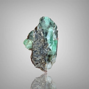 Pode incluir: Um espécime mineral bruto apresentando uma estrutura cristalina translúcida verde-clara fixada a uma matriz escura, texturizada e terrosa. O cristal exibe facetas verticais nítidas e um brilho vítreo, contrastando com a base de pedra rugosa castanho-escura.
