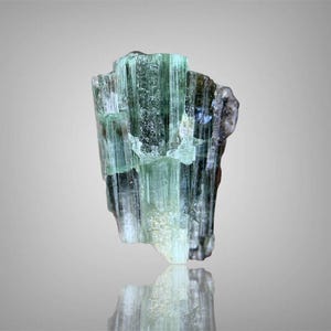 Pode incluir: Um espécime de cristal de turmalina bruto com estrias verticais e um gradiente de cor que transita do verde menta pálido na base para o verde floresta profundo e castanho escuro no topo, com uma textura translúcida, vítrea e multifacetada.