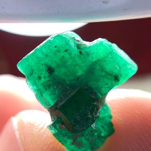 Pode incluir: Uma vibrante esmeralda bruta, com um tom verde profundo. O cristal bruto exibe facetas e inclusões naturais, mostrando sua beleza não refinada. A esmeralda é segurada entre os dedos, destacando seu tamanho e textura.
