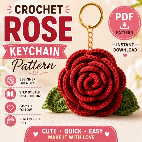 Crochet Rose Keychain Pattern | Amigurumi Flower DIY (PDF Download