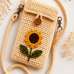 May include: A crocheted phone crossbody bag in a light beige color, featuring a sunflower applique with yellow petals and a brown center. The bag has a matching strap and a wooden button closure. The bag is approximately 7 inches tall and 4 inches wide.