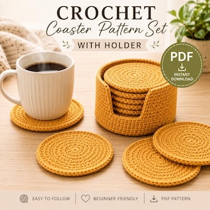 May include: A set of mustard yellow circular crochet coasters with a matching cylindrical holder. The image includes text reading CROCHET Coaster Pattern Set WITH HOLDER and PDF INSTANT DOWNLOAD. A white mug sits on one coaster.