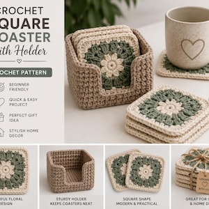 May include: A set of square crochet coasters featuring a floral pattern in cream and sage green, accompanied by a matching tan crochet holder. The coasters are stacked, and one is placed under a speckled ceramic mug with a heart design.
