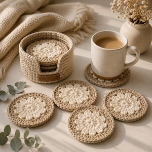 Op de afbeelding: Een set ronde, gehaakte onderzetters met een crèmekleurig bloemenpatroon op een beige achtergrond. De onderzetters zitten in een bijpassende ronde, beige gehaakte houder met een klein bruin label in lederlook aan de voorzijde.