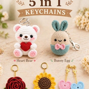 May include: A collection of five crochet keychains, including a white bear holding a red heart, a bunny egg, a red rose, a yellow sunflower, and two hearts. The keychains are handmade and feature gold-colored rings. Text reads "Littleloops Studio" and "5 in 1 KEYCHAINS".