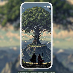 Puede incluir: Imagen de arte digital de un paisaje de fantasía con un gran árbol en la cima de una montaña y dos figuras con capas. La imagen está optimizada para una pantalla de bloqueo y contiene el texto "Lost in Atmospheric Art, Perfectly Pixelated."