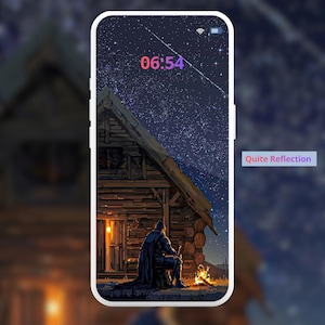 May include: A smartphone screen displaying a digital illustration titled A Fire Beneath The Stars, featuring a log cabin at night under a starry sky with a figure sitting by a campfire. The screen shows the time 06:54 and the text Quite Reflection.