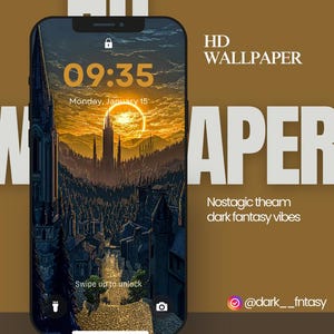 May include: A smartphone screen shows a dark fantasy wallpaper featuring a castle silhouette at sunset. The lock screen displays the time 09:35 and the date. Text reads "HD WALLPAPER" and "Nostagic theam dark fantasy vibes".