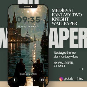 Könnte beinhalten: Smartphone-Hintergrundbild mit einer mittelalterlichen Fantasy-Szene mit zwei Rittern. Der Sperrbildschirm zeigt die Uhrzeit und das Datum an. Der Text auf dem Bild lautet "Medieval Fantasy Two Knight Wallpaper" und "Nostagic theme dark fantasy vibes."