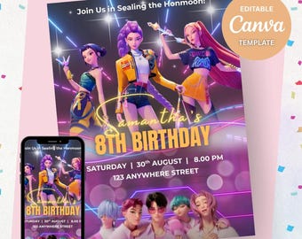 K‑Pop Birthday Invitation | Editable Canva Template | Digital Download Party Invite