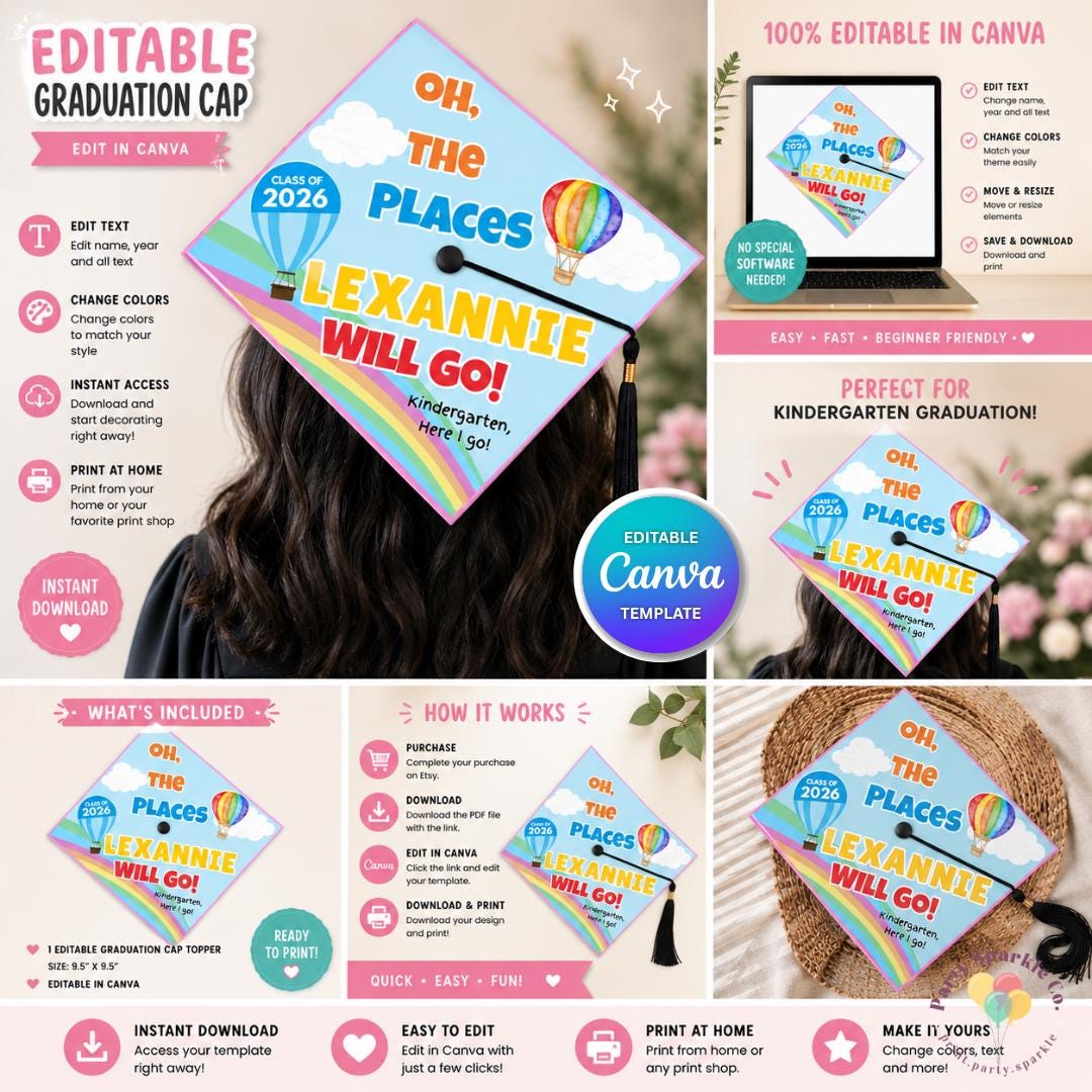 Editable Graduation Cap Template Canva | Personalized Kindergarten Cap ...