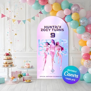 以下が含まれることがあります： 「HUNTR/X ZOEY TURNS 9」と書かれた大きな看板がある誕生日パーティーのシーン。看板には3つの様式化された人物と「KPOP DANCE」という言葉が描かれています。カラフルな風船とケーキも表示されています。