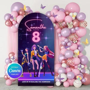 May include: A birthday party backdrop with a purple and pink balloon arch. The backdrop features the name "Samantha" and the number "8", with three animated figures. The text "Join us in sealing the Honmoon!" is at the bottom.