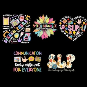 Puede incluir: Una colección de diseños gráficos coloridos sobre un fondo negro. Los diseños incluyen las palabras "Speech Therapy", "Speech Language Pathologist" y "SLP", junto con iconos y texto relacionados. Los diseños tienen varias formas, incluyendo un girasol y un corazón.