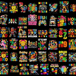 Può includere: Una collezione di grafiche colorate su sfondo nero. I disegni presentano vari personaggi, testi e oggetti, tra cui temi di compleanno, mattoncini e frasi come "Master Builder" e "Birthday Boy".