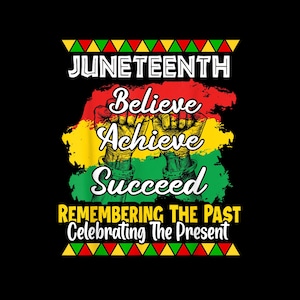 Pode incluir: Um design gráfico com as palavras "Juneteenth", "Believe", "Achieve", "Succeed", "Remembering the Past" e "Celebrating the Present". O design apresenta um esquema de cores vermelho, amarelo e verde com uma imagem estilizada de punhos levantados.