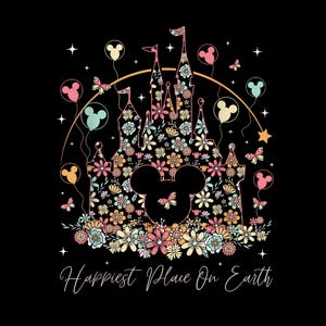 May include: A black silhouette of a castle with a Mickey Mouse head shape in the center, surrounded by colorful flowers and balloons. The text "Happiest Place On Earth" is below the castle.