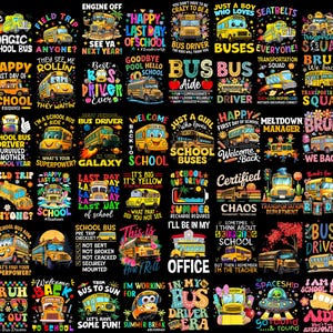 Op de afbeelding: Een verzameling kleurrijke grafische ontwerpen met schoolbussen en slogans als "Happy Last Day of School" en "Bus Driver". De ontwerpen op een zwarte achtergrond zijn geschikt voor kleding of accessoires.
