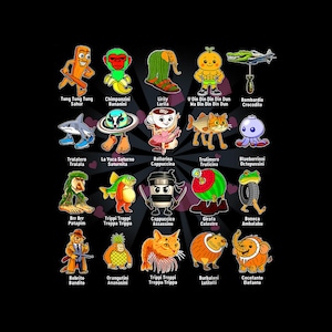 Op de afbeelding: Een verzameling cartoonpersonages met verschillende ontwerpen en namen, waaronder een haai, een koffiekopje en een kikker. De personages staan tegen een zwarte achtergrond, elk met een uniek uiterlijk en naam.
