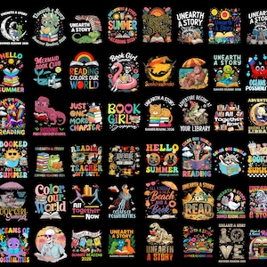 May include: A collection of colorful graphic designs on a black background, each featuring text and illustrations related to reading and summer. Designs include phrases like "Unearth a Story," "Summer Reading," and "Book Girl Summer."