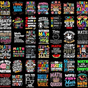 Könnte beinhalten: Eine Sammlung von zweiundvierzig einzelnen Grafikdesigns mit mathematischen Slogans, farbenfroher Typografie und Illustrationen von geometrischen Formen, Taschenrechnern und Tieren auf einem einfarbigen schwarzen Hintergrund.