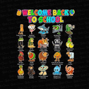 Może przedstawiać: Kolorowa grafika z napisem "WELCOME BACK TO SCHOOL" i różnymi postaciami z kreskówek. Postacie obejmują rekina, krokodyla, żabę, kota i słonia, między innymi. Tło jest czarne.