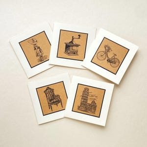 Vintage handmade greeting cards set of 5 with gold spark, kraft paper envelopes, blank notecards, card gift set