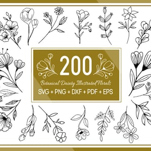Illustrierte Blumenmuster, SVG, PNG, EPS, Clipart, Cricut, Stickerei, Gravur, Handgezeichnet, Blumen, Einzelstamm, lose Skizze