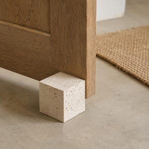 May include: A cube-shaped doorstop made of beige, porous travertine stone. The solid block features a natural, pitted texture and is positioned at the base of a wooden door to hold it in an open position, showcasing its geometric form.